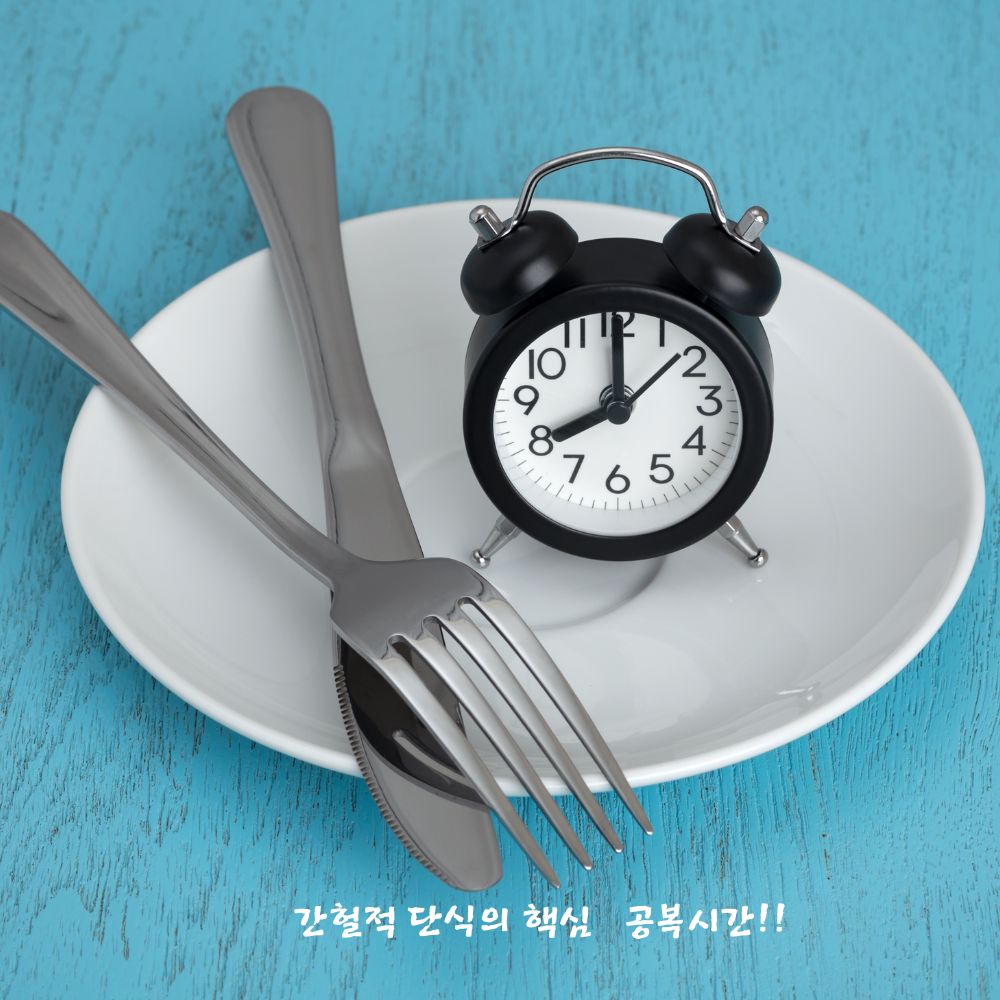 간헐적 단식의 핵심 공복시간!! 접시와 시계이미지