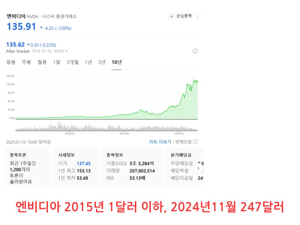 엔비디아 2015년 1달러 이하, 2024년11월 247달러 그래프 이미지